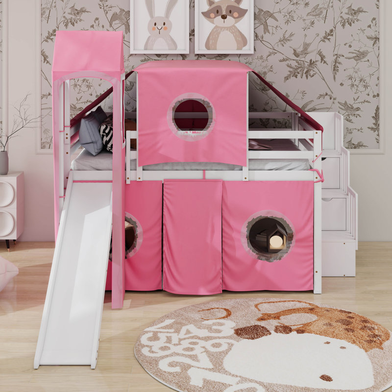 Lit mezzanine double avec tente et tour, Rose