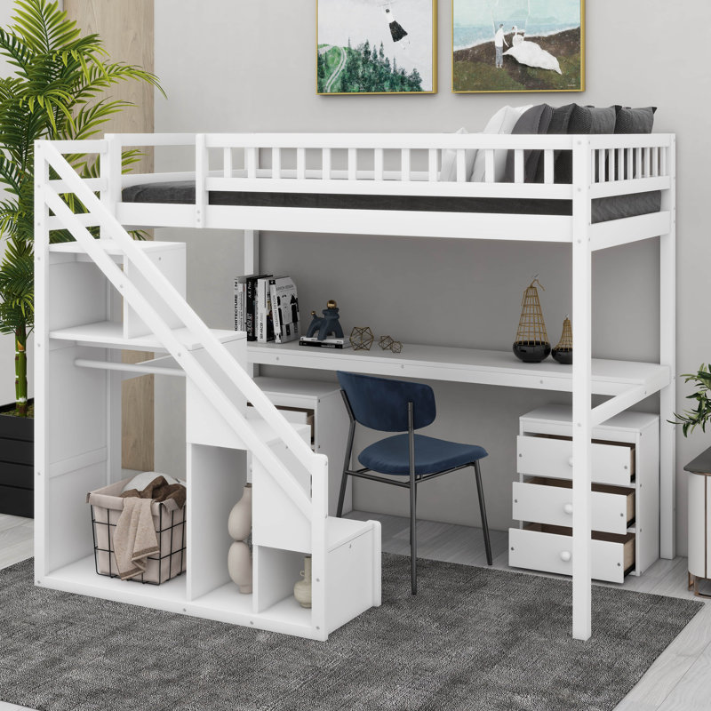 Loft Bed With Desk And Storage Stairs, Drawers And LED Light Space, Twin, White