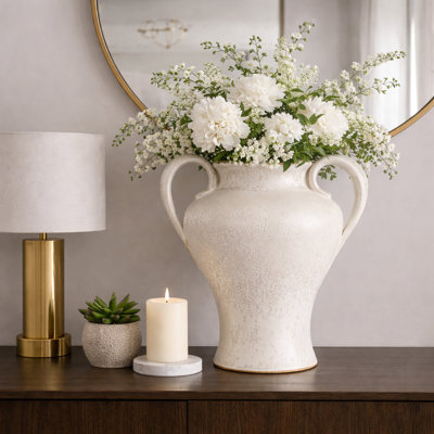 Minimalist Ceramic Urn Table Vase for Living Room Decor - Classic Double Handle Tall Flower Vase for Bedroom, Entryway or Home Display - White
