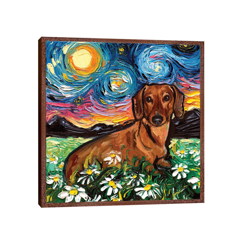 Daisy Dachshund Night by Aja Trier - Painting on Canvas, Classic Brown Wood Framed Canvas, 66.04 cm H x 66.04 cm W