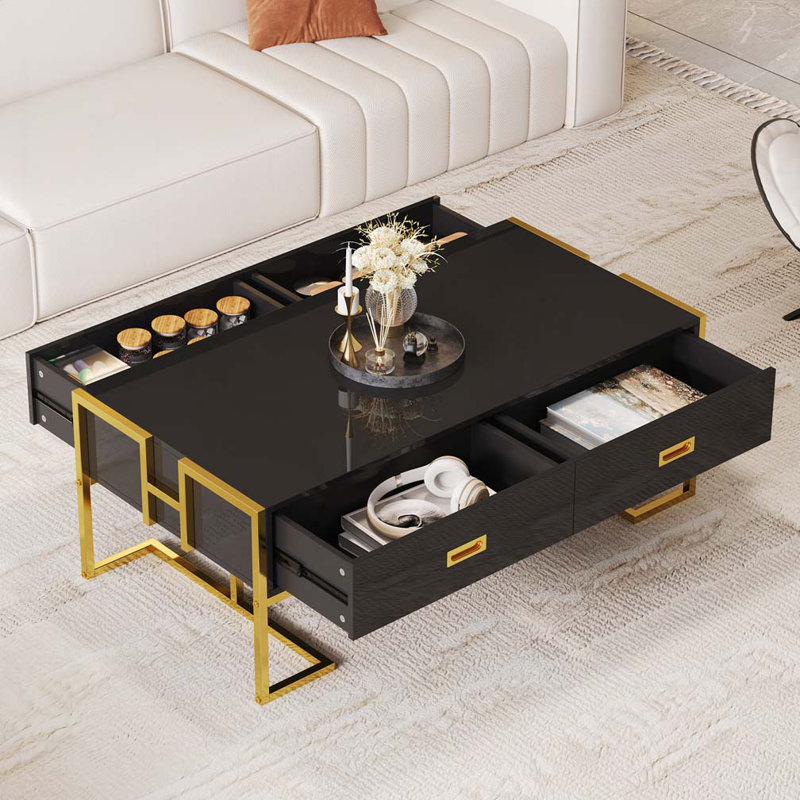 Rectangular Coffee Table with 4 Drawers and Gold Base, Black