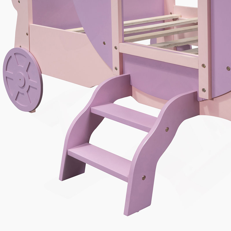 Lit de voiture avec couronne Princess, lit plateforme en bois avec escalier, Rose