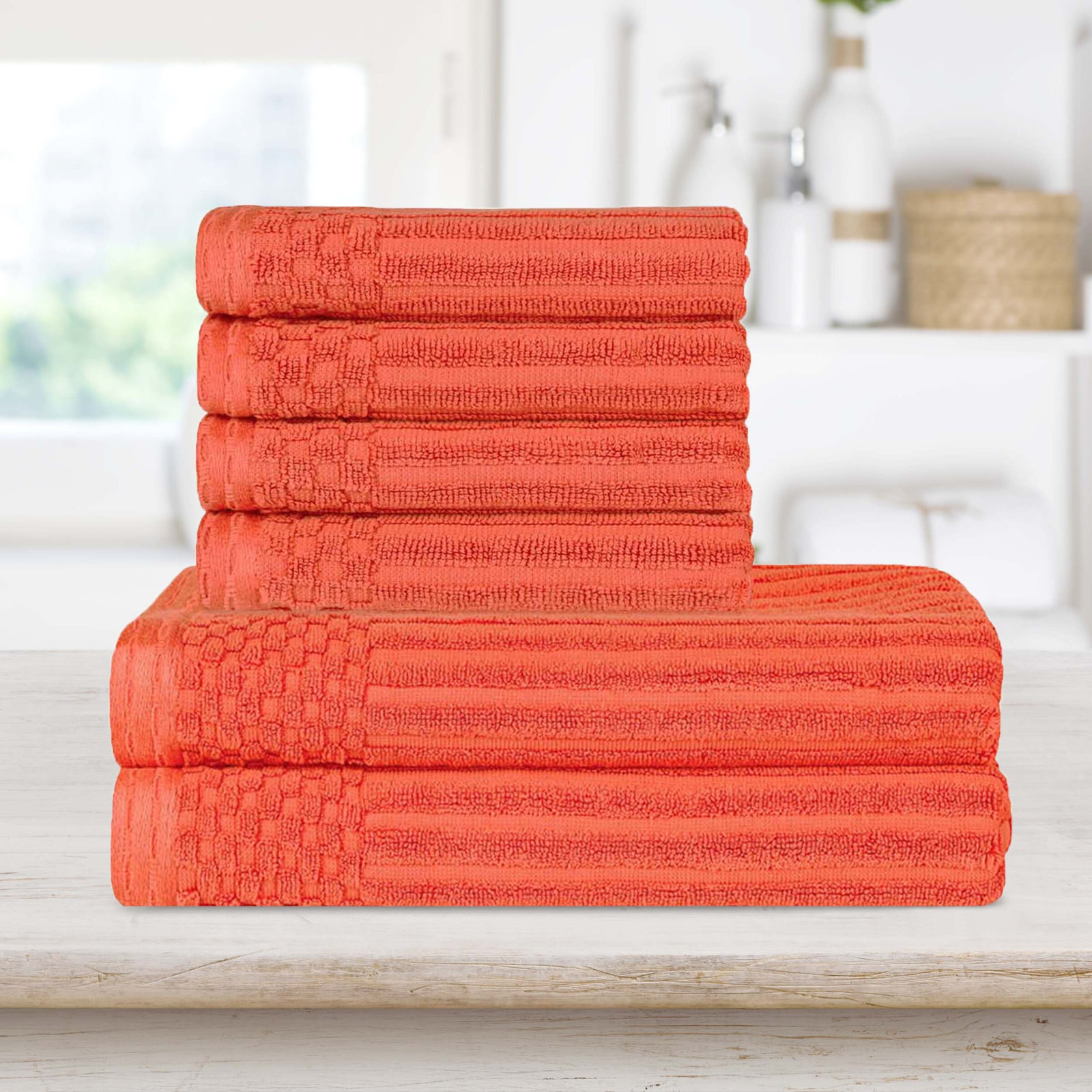 6-Piece Ribbed Cotton Towel Set, Coral