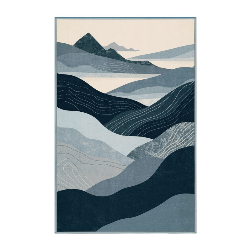 Machine Washable Bemott Modern & Contemporary Abstract Rug in Gray – SkyBlue Binding, 7x9