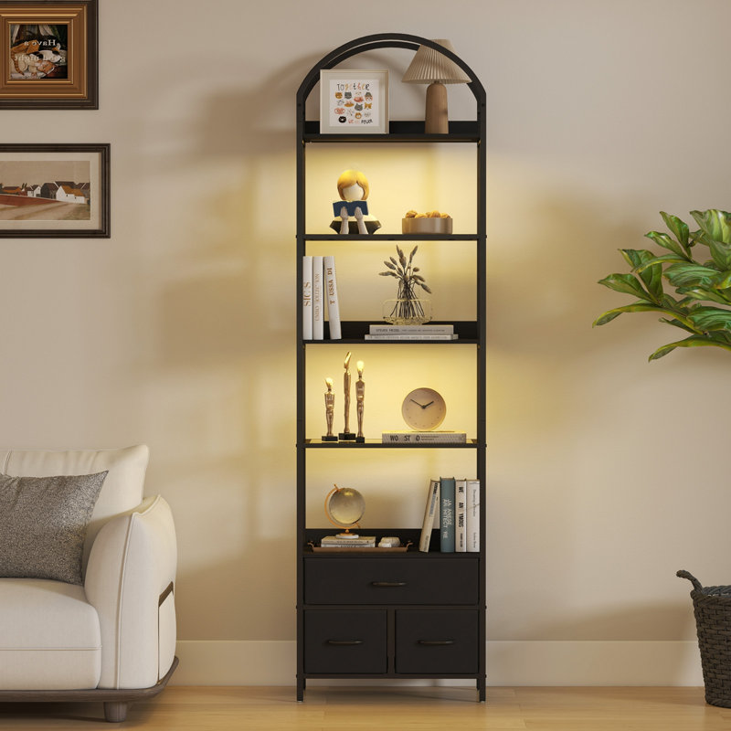 Bibliothèque arquée avec lumières DEL - 5 tablettes ouvertes et 3 tiroirs en tissu, unité de rangement moderne avec pieds réglables pour le salon et le bureau