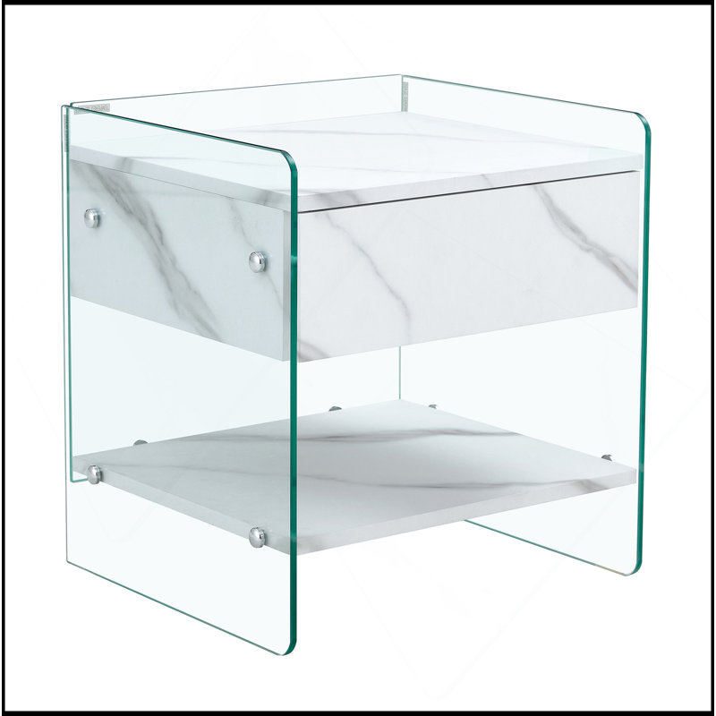 Table de chevet avec tiroirs. La surface de la planche est un autocollant en panneau de fibres à densité moyenne et les deux côtés sont en verre trempé transparent. La conception est simple et élégante, avec d'excellentes fonctions de rangement.