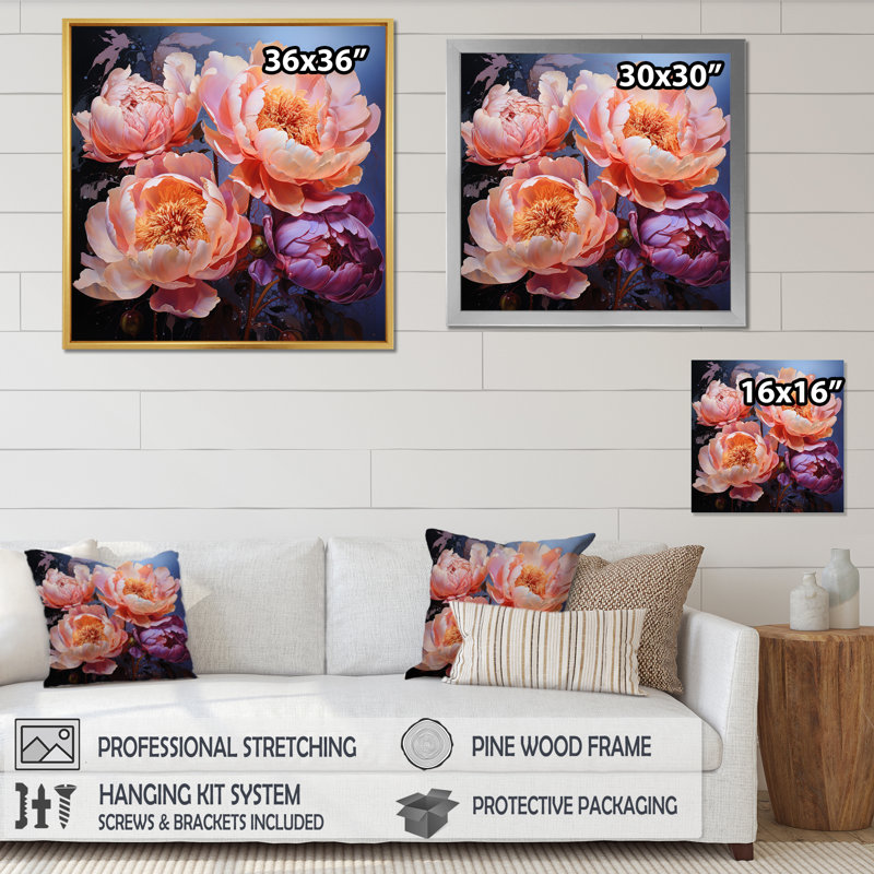 " Peach Peonies Dreams ", Silver Single Picture Framed, 30" H x 30" W x 1" D