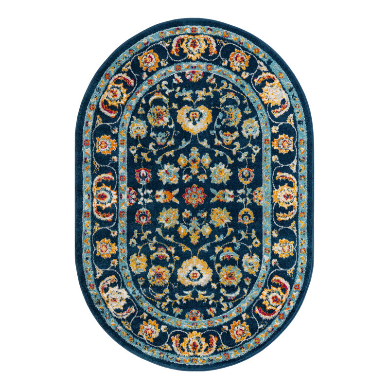 Tapis bleu / jaune / orange à motif floral Arenas, Ovale 4 pi x 6 pi