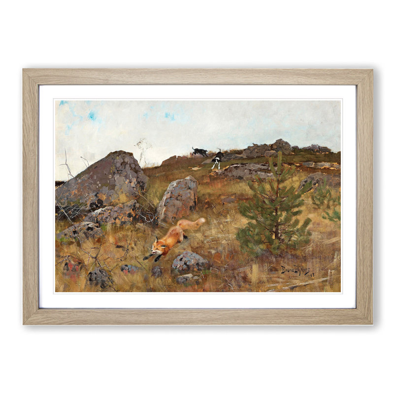 Fox and Hunting Dogs Vol.2 by Bruno Liljefors - Picture Frame Painting, 27cm H x 36cm W x 2cm D, Oak Framed