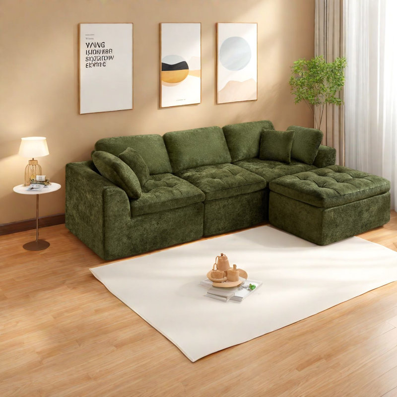 Canapé modulaire vert confortable en forme de L en chenille pour les espaces de vie modernes