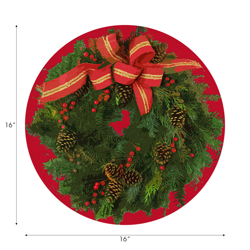 Christmas Wreath Vegan Leather Round Pebble Placemat, Red