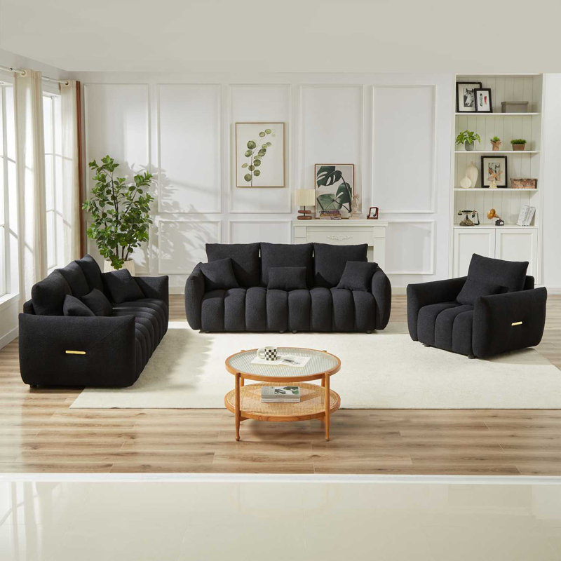 Canapé 1 place et 3 places avec canapé en peluche moderne et structure en bois, Noir