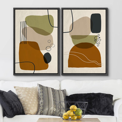 Mid Century Shape " Mid-Century Brown Green & Grey Polygon Symbol Collage Abstract Shapes Modern " 2 - Pieces