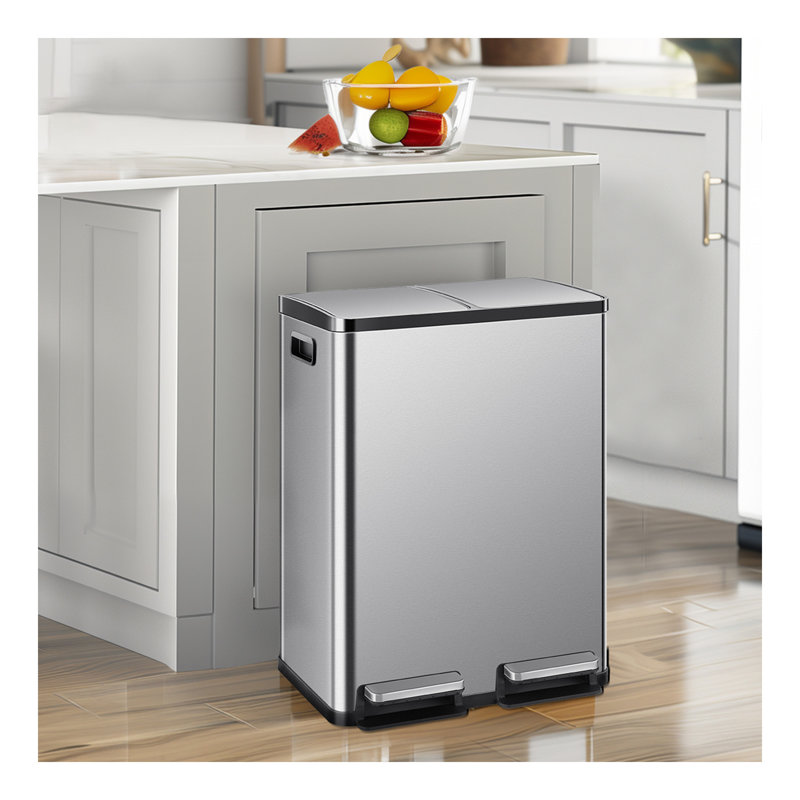 Poubelle avec couvercle - grande poubelle en acier inoxydable de 60 litres, seau intérieur en plastique à deux compartiments, poubelle scellée