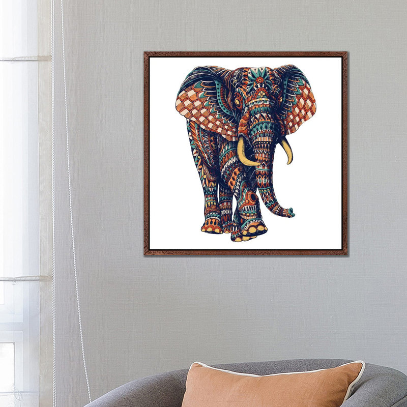 Ornate Elephant III In Color II by Bioworkz - Print on Canvas, Classic Brown Wood Framed