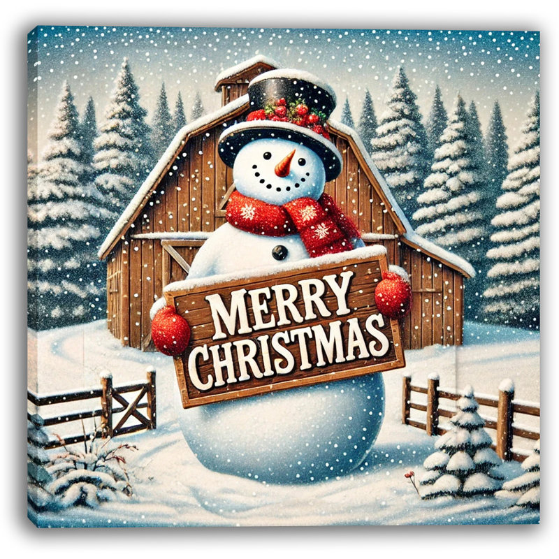 Art mural sur toile «Merry Christmas Snowman with Rustic Barn and Winter Wonderland», H 30 po x l 30 po x P 1,5 po