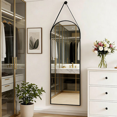 Full Length Mirror，Hanging Mirror With Leather Strap，Aluminum Frame Wall-Mounted Hanging Mirrors，For Living Room Farmhouse Bedroom Hallway Entryway Living Room