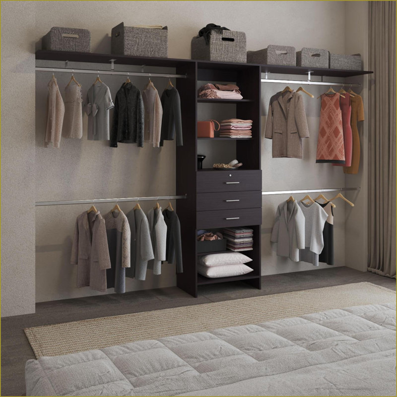 Closet Systems Adjustable 69"-118"W with 4 Hanging Rods, 5 Shelves, 3 Drawers | Black | MDF, Black