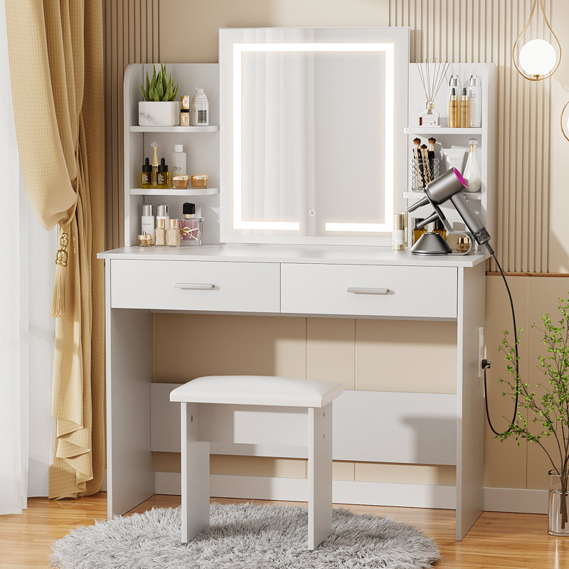 Greyden Vanity Set With LED Mirror & Built-in Outlets, White