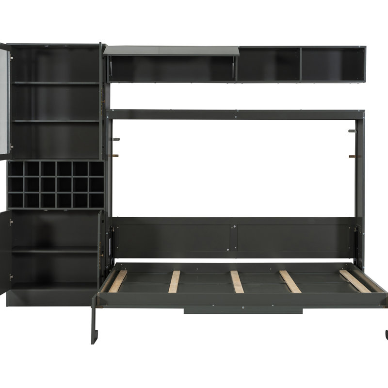  Lit escamotable double pleine grandeur avec canapé, tablettes de rangement, ports USB et éclairage, gris, Double, gris