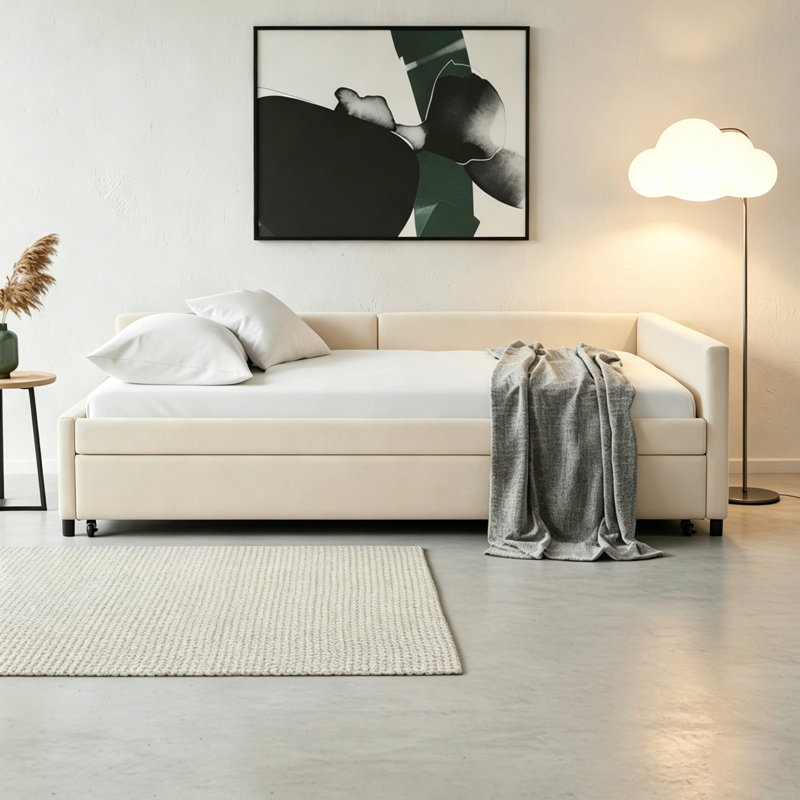 Lit de jour moderne en velours avec lit gigogne simple, station de charge et petite veilleuse DEL Modern, Beige