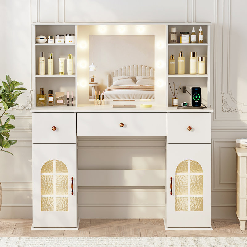 Modern Makeup Vanity with Mirror, Adjustable LED Lights, 3 Drawers, 12 Shelves & Charging Station