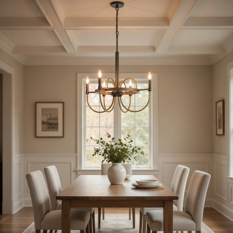 Lustre candélabre 4 lumières, base en bois, bronze et métal gris 24 pouces, H 29 po x l 24 po x P 24 po, Bronze foncé / brun