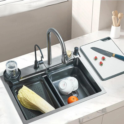 Évier de cuisine en acier inoxydable à cascade avec robinet simple Black Grey