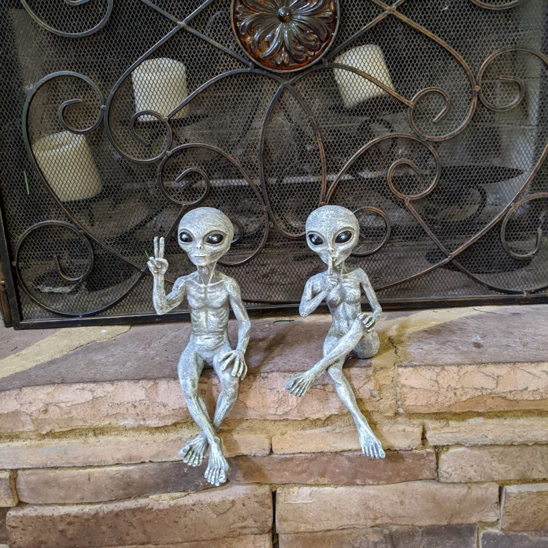 Ensemble de 2 statues de jardin Anketell, Gris Alien