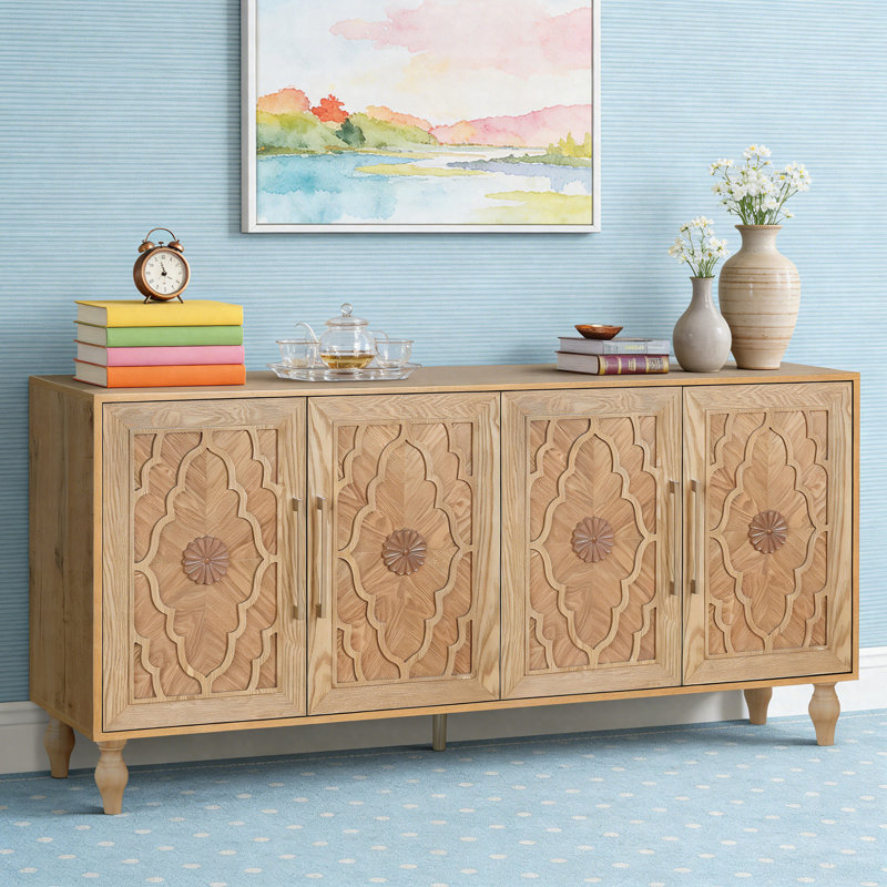 Carved Flower Door Large Storage Cabinet With Metal Handle Suitable for Living Room, Kitchen, Entryway, Natural