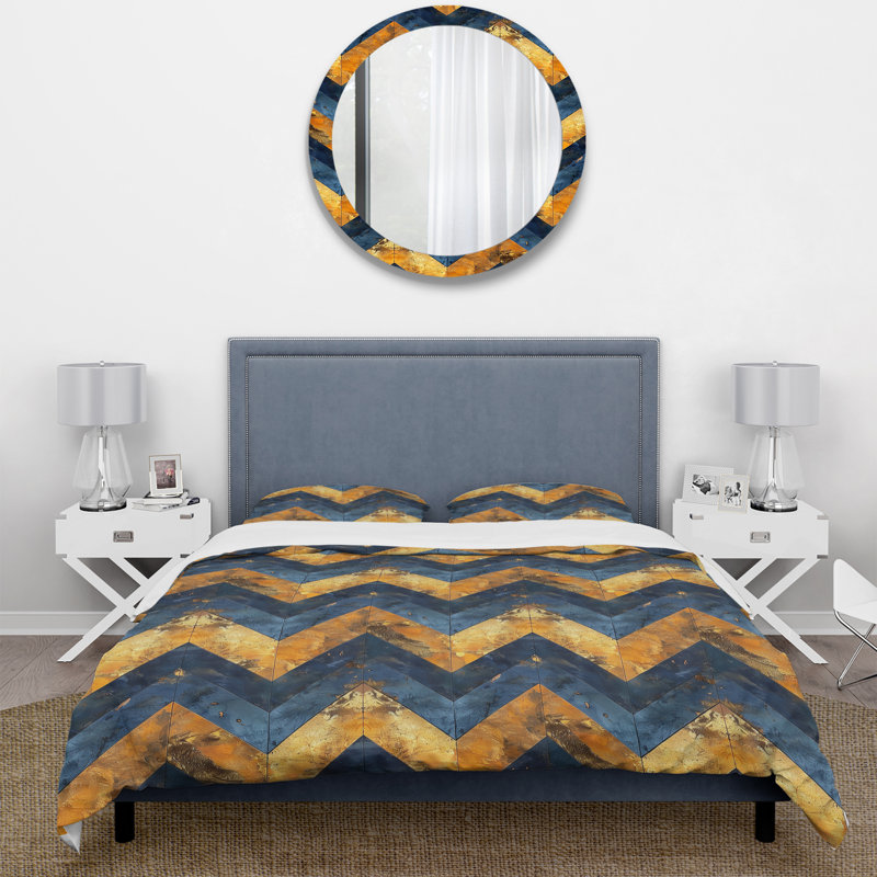 Ensemble de housse de couette Blue Gold Glamour Chevron II - Midcentury, Housse de couette très grand + 2 taies décorativ