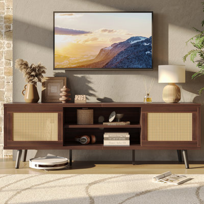 Meuble télé pour téléviseur de 70 po ou moins avec porte coulissante en rotin Mataia Boho