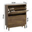 Range-chaussures autoportant en noyer de 31,5 po avec panneau géométrique et touche Mid-Century pour l'entrée, deux tiroirs rabattables, rangement ouvert, vestibule à pieds en bois massif, 2 portes centrales amovibles