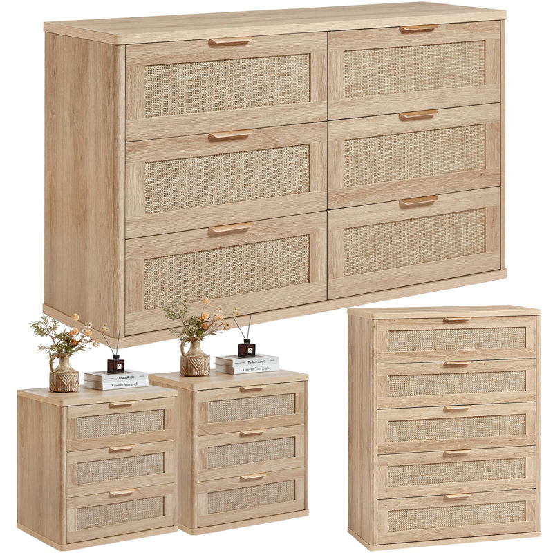 Ensemble de commode et table de chevet en rotin de 4: style bohème, commode 6 tiroirs, commode 5 tiroirs, table de chevet 3 tiroirs