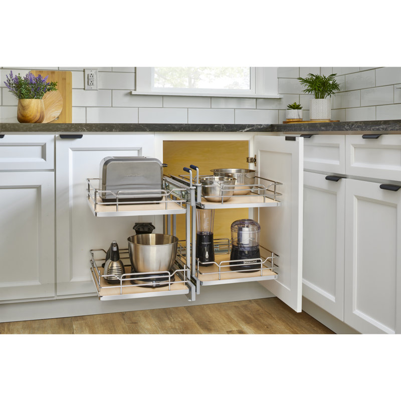 Steel Two-Tier Pullout Solid Bottom Organizer For Blind Corner Cabinets W/ Soft-Close, Grey, 23.66" H x 26.4" W x 20.4" D