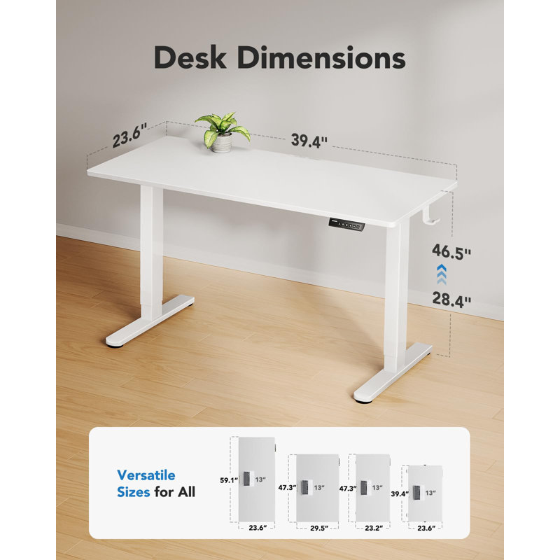 Bureau électrique debout, bureau d'ordinateur à hauteur réglable, H 46,5 po x l 39,4 po x P 23,6 po, Blanc