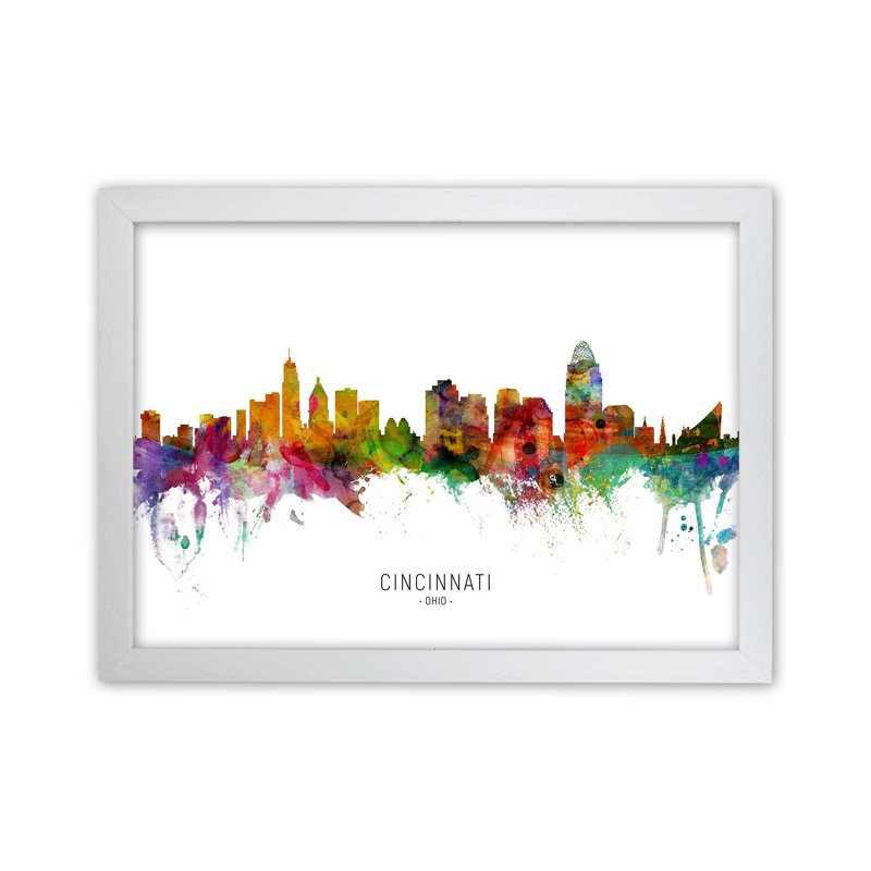 Cincinnati Ohio Skyline by Michael Tompsett - Print, 34cm H x 46cm W x 3cm D, White Framed