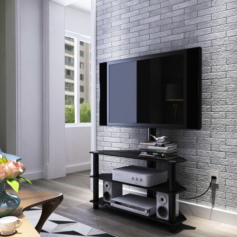 Meuble télé multifonctionnel noir avec support à hauteur réglable et mécanisme à 3 tablettes pivotantes, pour téléviseur de 32 à 65 po