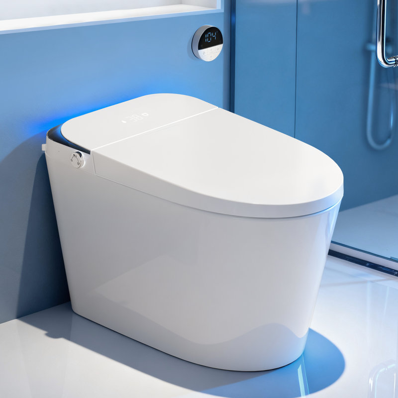 Toilette intelligente avec bouclier en mousse, couvercle automatique, siège chauffant, télécommande, affichage à DEL, veilleuse, pression d'eau réglable et fonctions activées au pied pour la maison, l'hôtel et le bureau