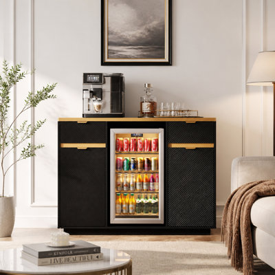 Buffet Sideboard with Faux Marble Top, Vent and Cable Cutout, Adjustable Shelves, Fluted Wine Fridge Cabinet, Drawers and Storage Cabinets
