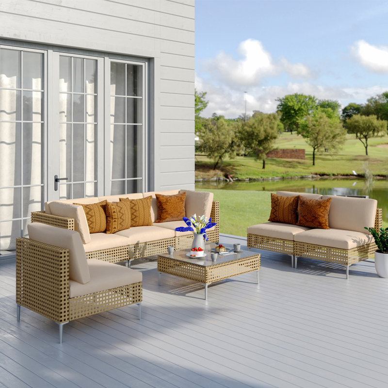 Marvalyn 7-Piece Modular Outdoor Sectional Seating Group with Cushions and Table, Natural/Beige