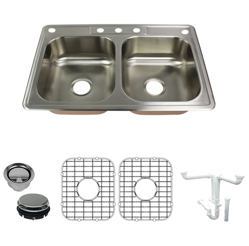 Classic 33'' L Double Bowl Stainless Steel Kitchen Sink, 5 Hole