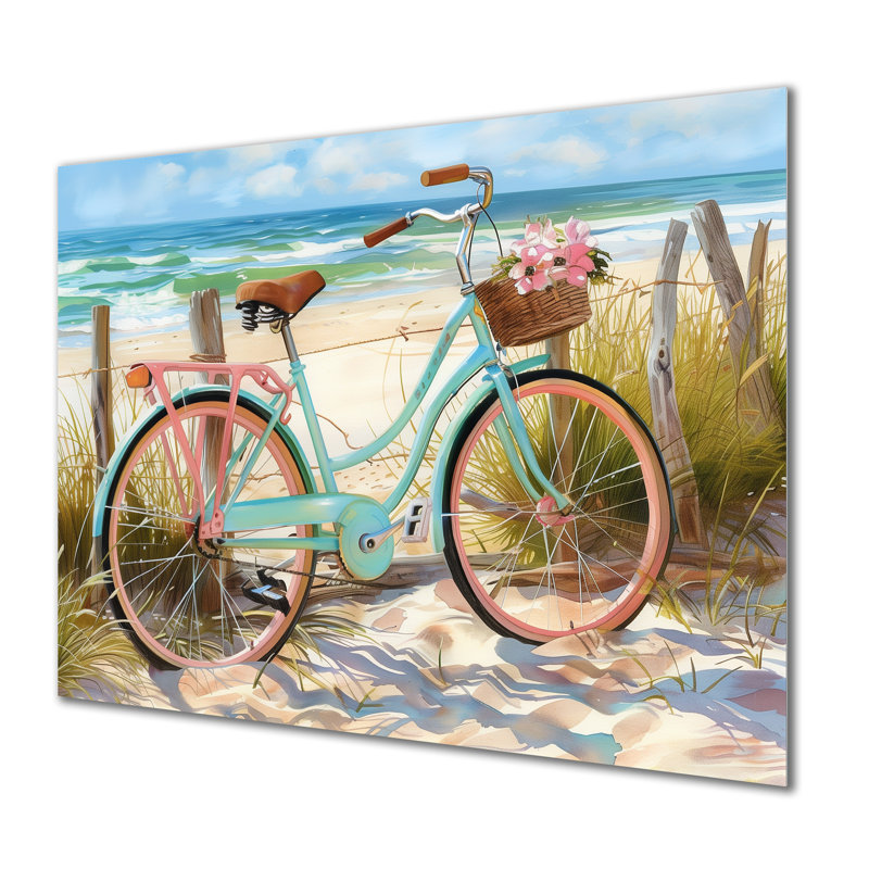 Vélo bleu sur le sentier de la plage III - art mural bord de mer, salon, Métal métal, 30" H x 40" W