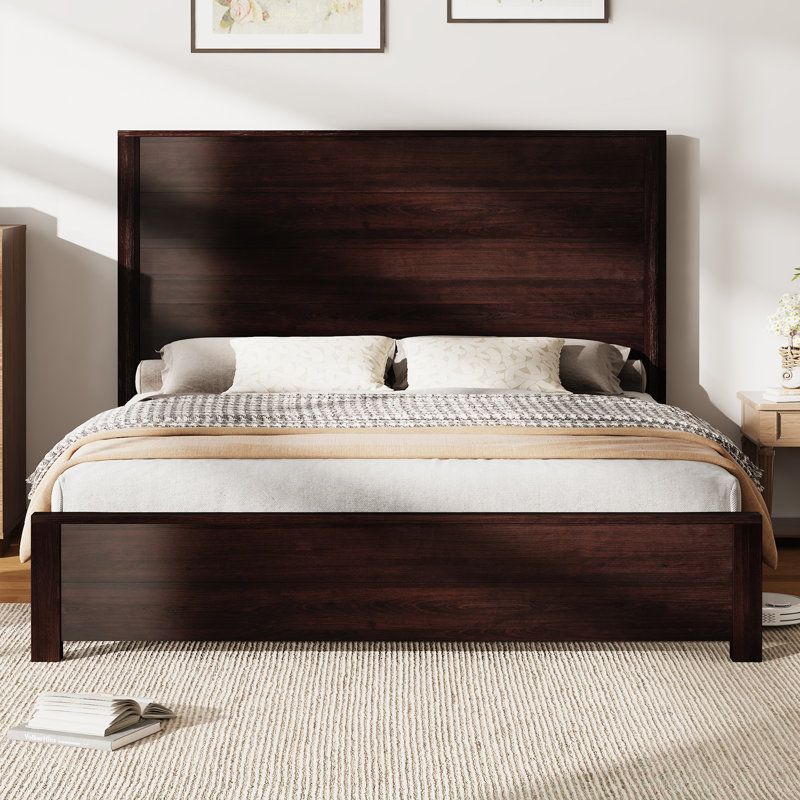 Queen Dark Brown Pine Wood Platform Bed with Tall Headboard