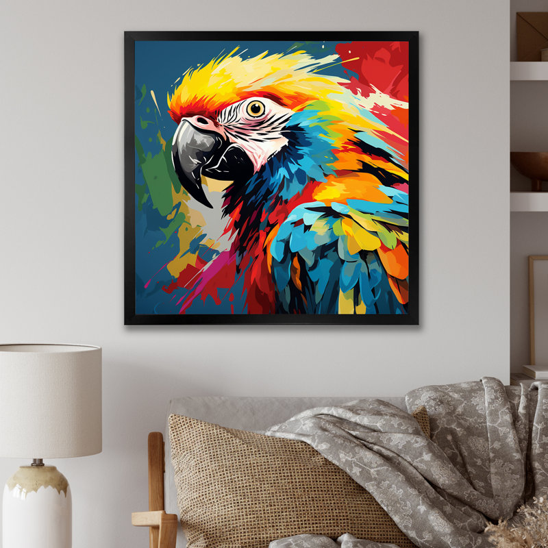 Pop Art perroquet Ara Portrait - art mural perroquet, H 36 po x l 36 po x P 1,5 po, Cadre photo blanc