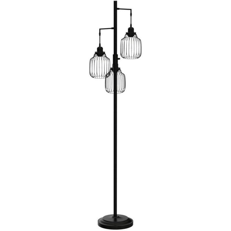 Dimmable Floor Lamp With 3 X 800LM LED Edison Bulbs,Tall Standing Lamp For Living Room,Farmhouse Black Corner Floor Lamp,Bright Industrial Rustic Vintage Tree Pole Light With Cage For Bedroom Office