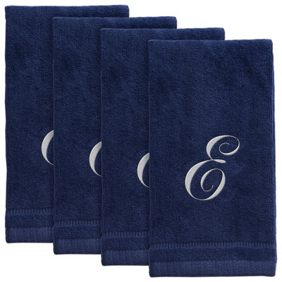 Set of 4 Navy Blue Monogrammed Towel - White Embroidered