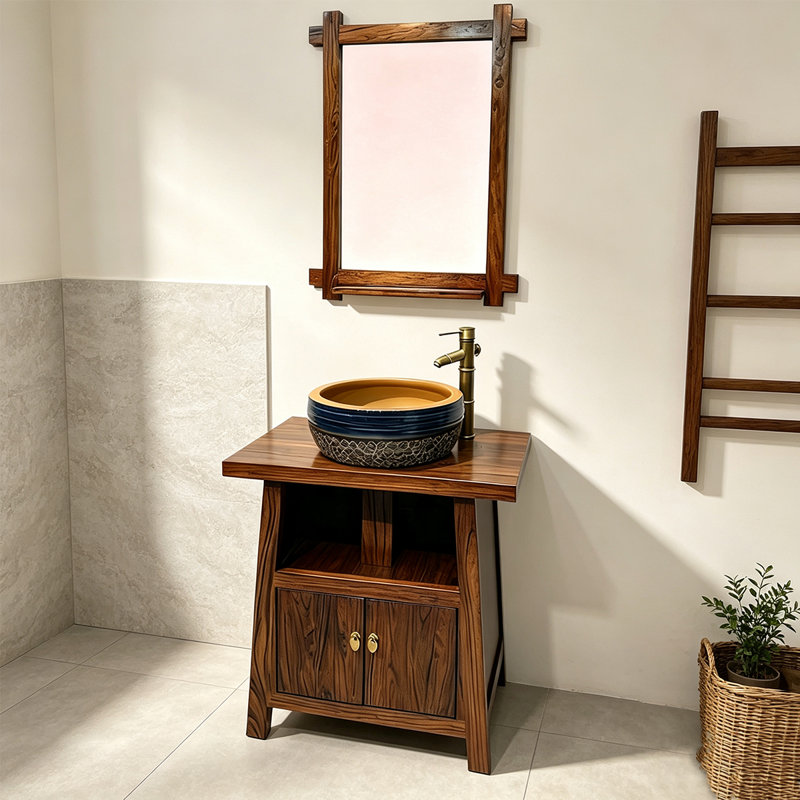 Nouveau meuble-lavabo en bois d'orme de style chinois avec lavabo en céramique