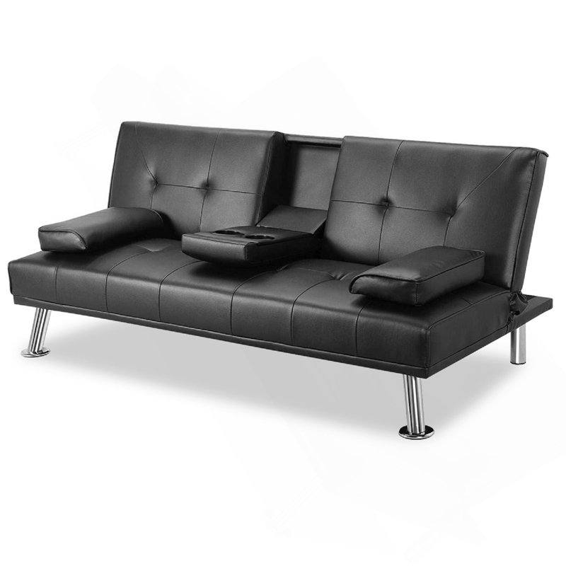 Futon canapé-lit, canapé-lit pliant convertible en similicuir moderne pour le salon avec 2 porte-gobelets, accoudoirs souples amovibles et pieds en métal robustes.