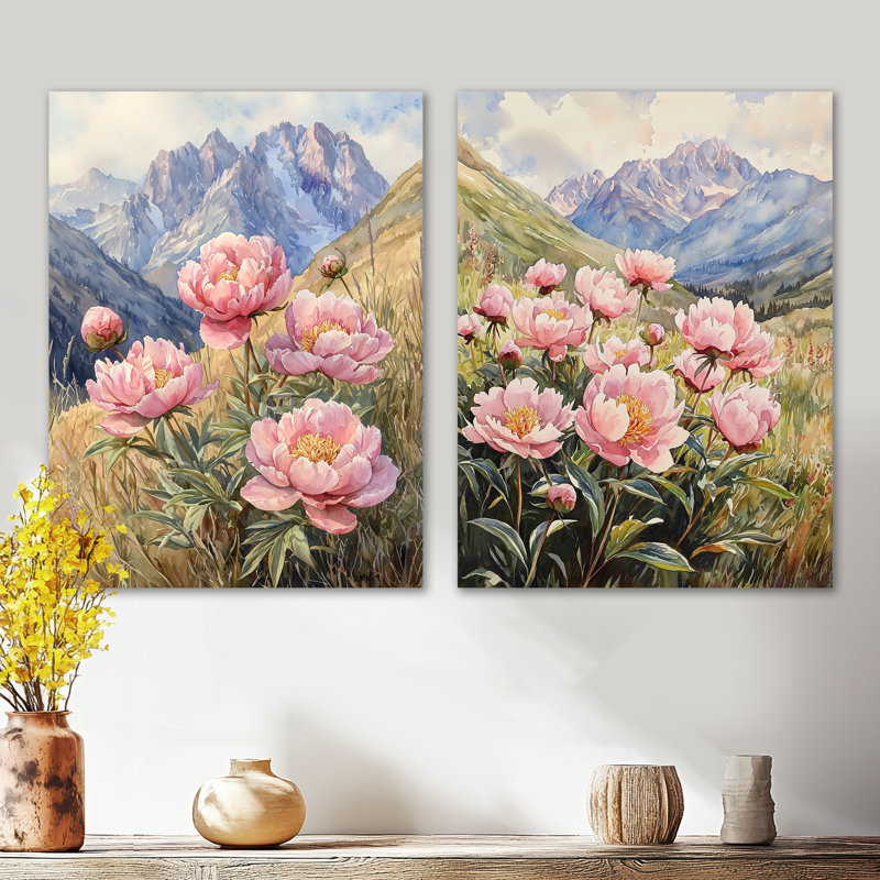 Pivoines dans la vallée de Windswept III - ensemble d'art mural en métal jardin rose, 32" H x 48" W